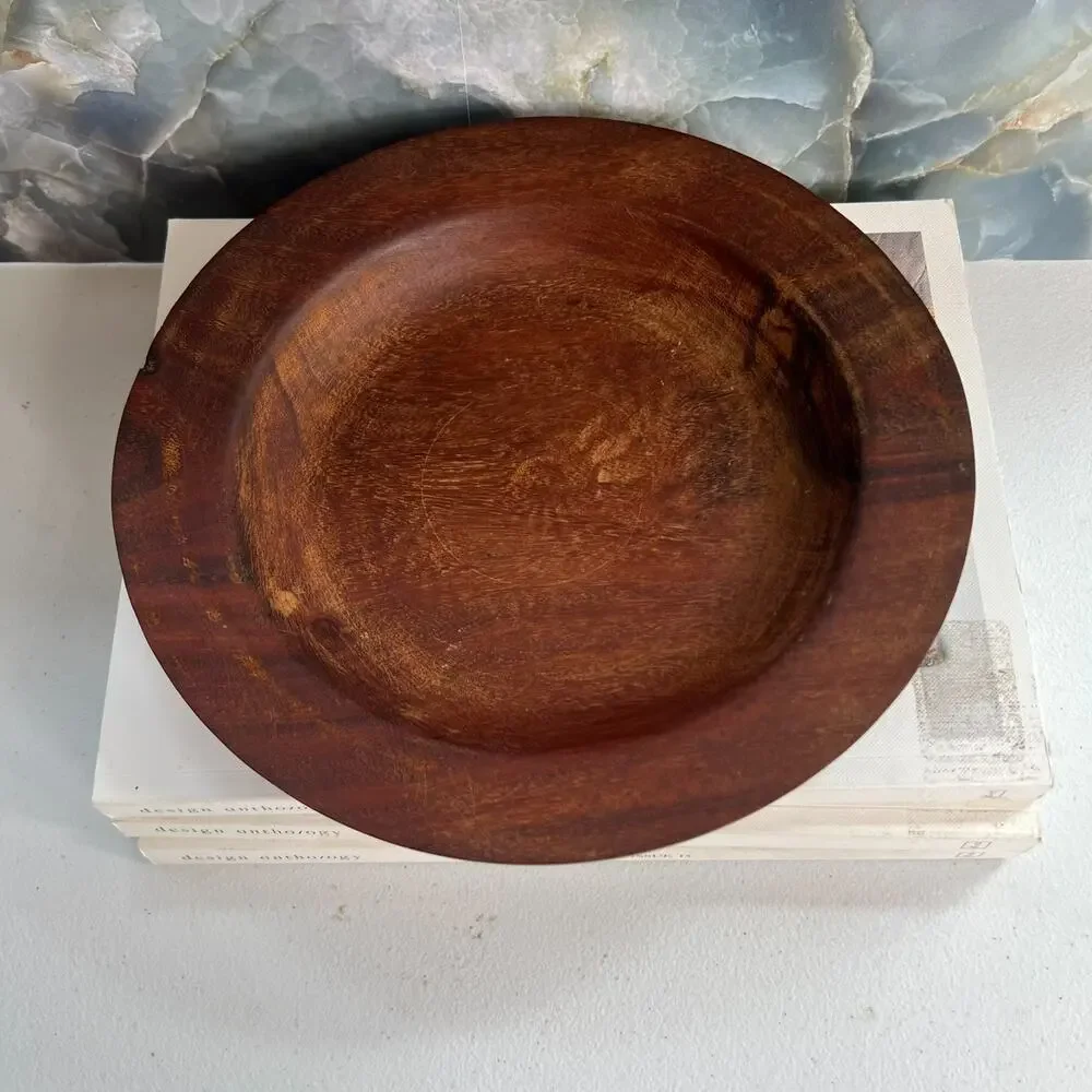 Vintage Dark Solid Wood Round Plate Tray 9